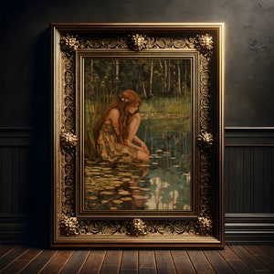 Sitzende Nymphe Gemälde, Kunst Druck Poster, Cottagecore, Fairycore Wanddekoration, Dark Academia, Folklore Dekoration, Whimsigoth Deko