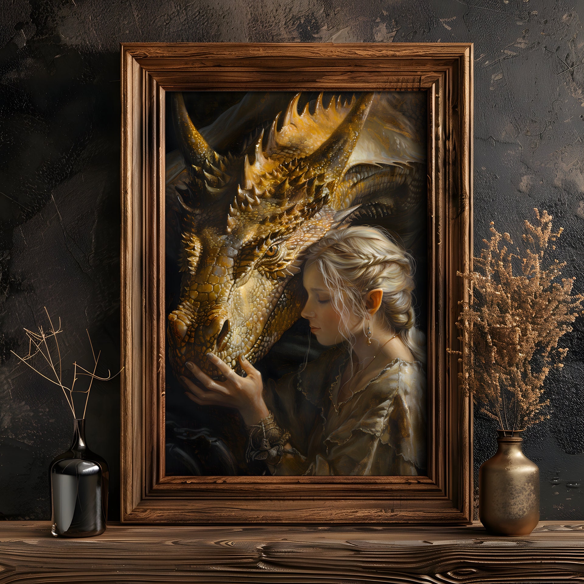 The Elf and the Dragon Painting, Art Print Poster, Fantasy Wall