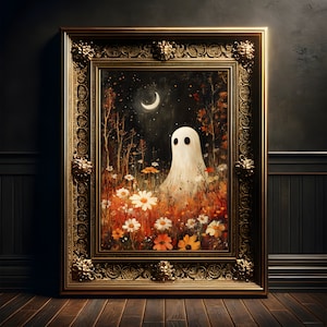 Fantasma di Halloween nel prato della foresta, Poster con stampa d'arte vintage, Accademia oscura, Arte della parete, Decorazione della casa, Cottagecore, Poster spettrale, Decorazione autunnale
