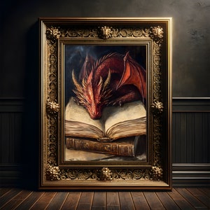 Dipinto del drago del libro rosso, poster con stampa artistica vintage, decorazione da parete gotica e fantasy, Dark Academia, decorazione del drago, Dragoncore, lettura