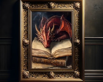 Red Book Dragon Painting, Vintage Art Print Poster, Gothic, Fantasy Wall Decor, Dark Academia, Dragon Decor, Dragoncore, Reading