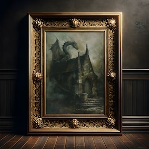 Drache auf der Kapelle, Fantasy Kunst Druck Poster, Wanddekoration, Mystische Kreatur, Gothic Gemälde, Dark Academia Dekor, Antike Fantasy