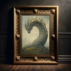 Spring Dragon Painting, Vintage Art Print Poster, Gothic, Fantasy Wall Decor, Dark Academia, Bookish Wall Art, Book Lover