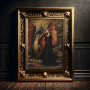 Elfe und ihr Drache Gemälde, Vintage Kunst Druck Poster, Fantasy Wall Art, Gothic, Dark Academia, Dekoration, Whimsigoth, Drachen Dekor