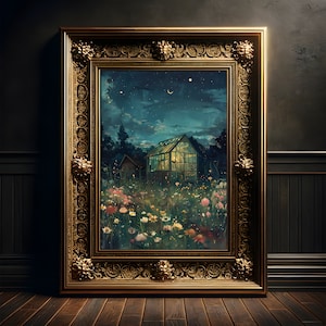 Gewächshaus unter Sternen Gemälde, Kunst Druck Poster, Cottagecore, Fairycore Wanddekoration, Dark Academia, Landschaft Dekor, Whimsigoth