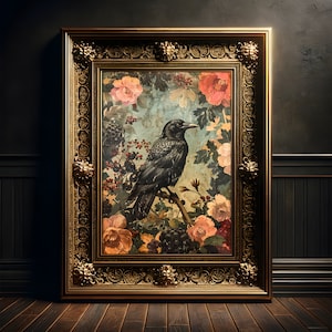 Mystischer Rabe im Blumenwald, Kunst Druck Poster, Cottagecore, Fairycore Wanddekoration, Dark Academia, Folklore Dekoration, Gothic Deko