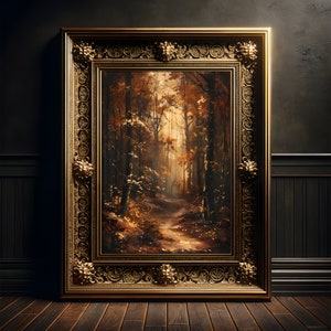 Pittura della foresta autunnale oscura, poster con stampa artistica, estetica stregata, decorazione murale fantasy, mondo accademico oscuro, pittura classica, arredamento stravagante