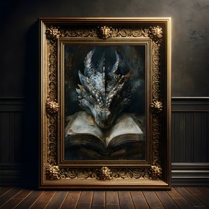 Großer Bücherdrache Gemälde, Kunst Druck Poster, Gothic, Fantasy Wanddekoration, Dark Academia, Folklore, Drachen Dekor, Dragoncore, Lesen