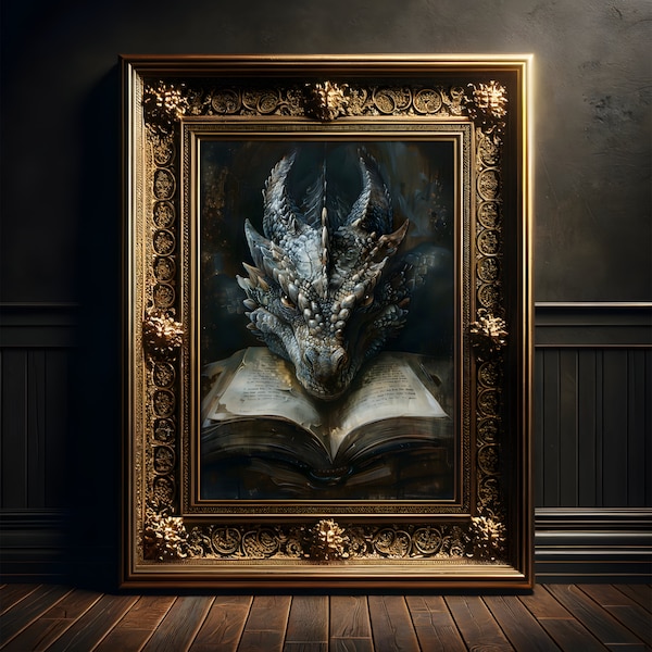 Pintura de dragón de libro grande, cartel de impresión de arte, gótico, decoración de pared de fantasía, academia oscura, folclore, decoración de dragón, Dragoncore, lectura
