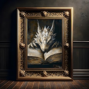 Kristall Bücherdrache Gemälde, Vintage Kunst Druck Poster, Gothic, Fantasy Wanddekoration, Dark Academia, Bookish Wandkunst, Buchliebhaber