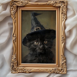 Pittura gatto di Halloween, Poster con stampa d'arte vintage, Arredamento stregato, Cottagecore, Whimsigoth, Accademia oscura, Strega, Amante dei gatti, Autunno