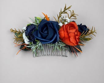 Peineta azul marino y naranja, adorno para el cabello azul oscuro y naranja quemado para bodas, accesorios para el cabello de otoño, flores artificiales de terracota