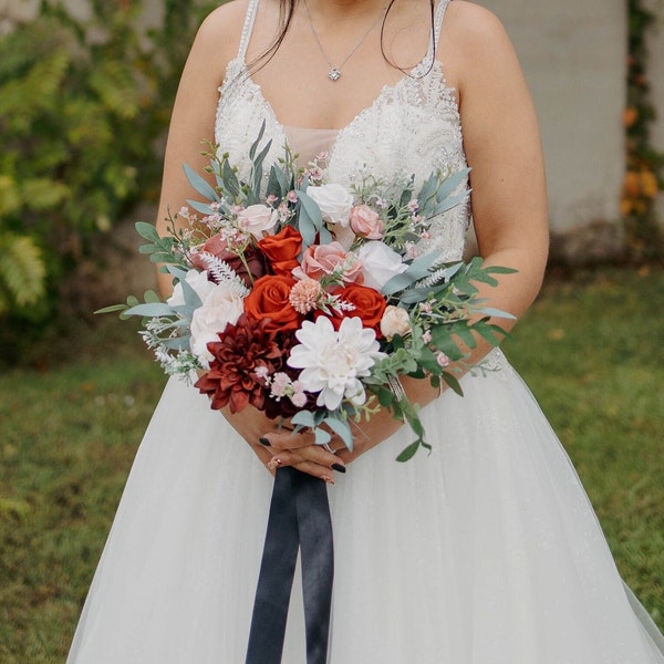 Wedding Bouquet Burgundy Bridal Wedding Rustic Bouquet Dusty Rose Bridesmaids Decor Eucalyptus Handmade Pink Wild Flower Artificial Flower