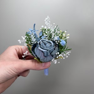 Wedding Boutonniere Dusty Blue Groom Wedding Groomsmen Boutonnière Blue Artificial Flowers Dusty Blue Peony Classic Boutonniere Baby Breath