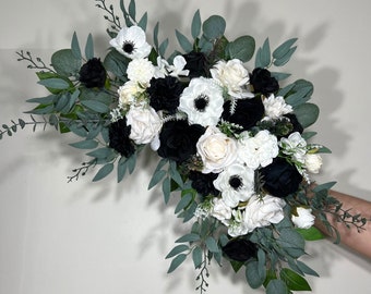 Wedding Black and White Corner Arch Arrangement Corner Anemone Arch Arrangement Ivory Black White Artificial Flower Eucalyptus Sage