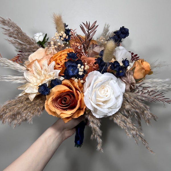 Wedding Bouquet Navy Blue Terracotta Boho Bridal Rust White Bouquet Burnt Orange Brown Cinnamon Navy Blue Artificial Flower Pampas Grass