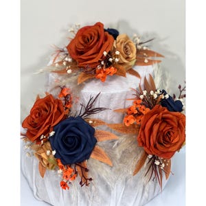 Rust Navy Blue Cake Decor Wedding Terracotta Navy Blue Cake Topper Boho Dark Blue Burnt Orange Cake Decoration Flower   Artificial Topper