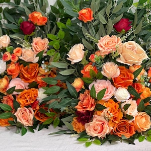 Wedding Aisle Marker Flower Floor Arrangement Whiskey Barrel Décor Orange Ground Arch Burnt Orange Burgundy Terracotta