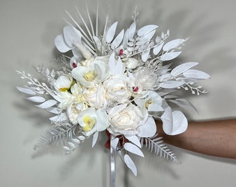 Wedding Bouquet White Bridal Orchid Wedding Ivory Bouquet Bridesmaids Orchid Decor Tropical Eucalyptus Fern White Rose Artificial Flower