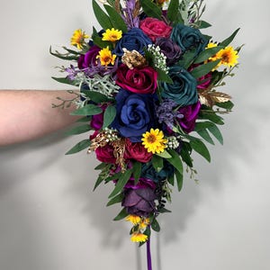 Jewel Tone Bouquet Wedding Bridal Cascade Bouquet Purple Navy Blue Royal Bridesmaids Cascading Bouquet Plum Teal Bouquet Artifical Flower