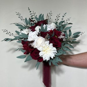 Wedding Bouquet Burgundy Bridal Red Rustic Bouquet Burgundy Bridesmaids White Christmas Bouquet Eucalyptus Dahlia Ivory Artificial Flowers