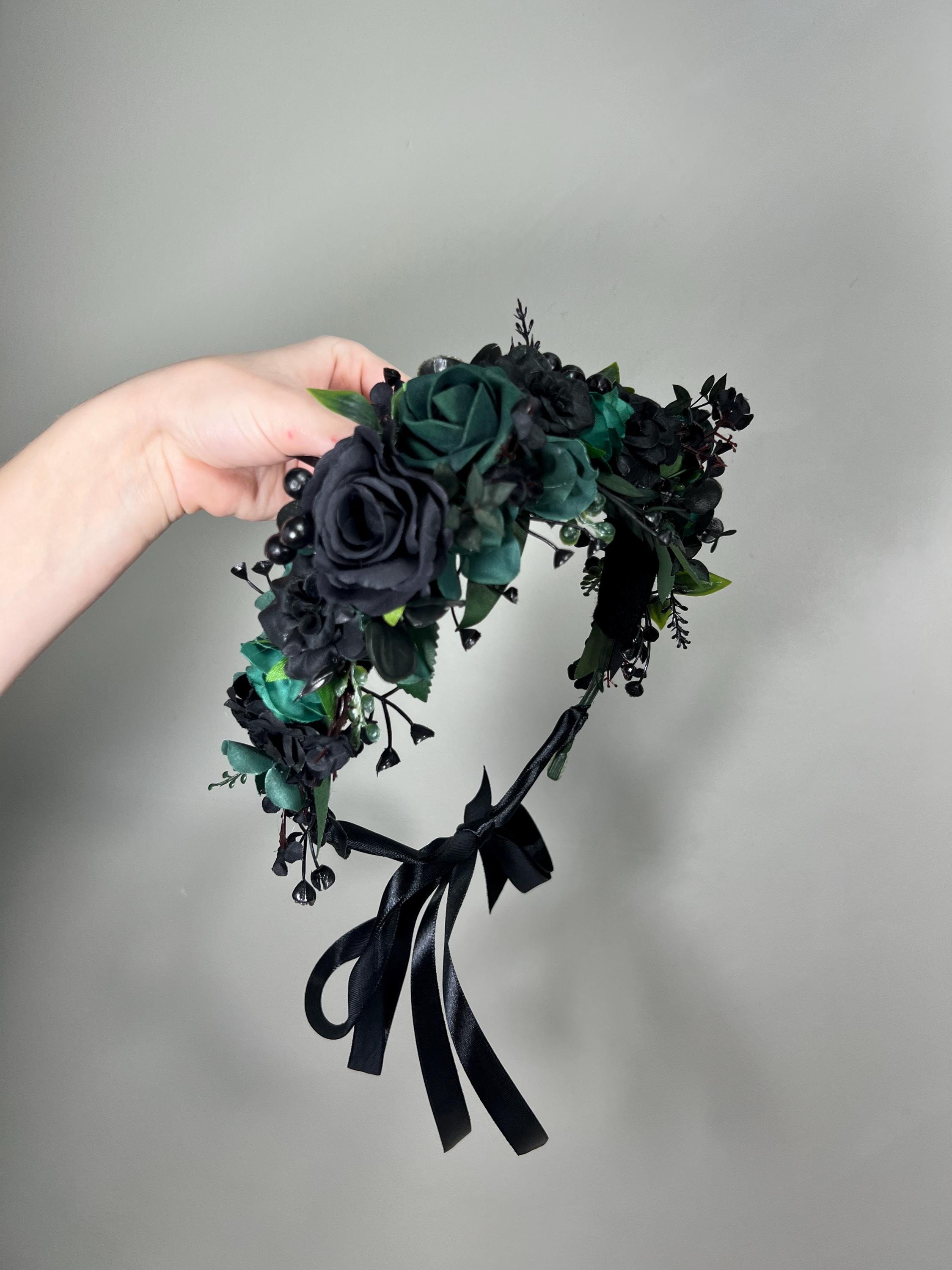 Black Dark Green Flower Crown Wedding Emerald Green Floral 
