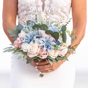 Blue Pink Bouquet Wedding Bridal Bouquet Dusty Blue White Bouquet Ivory Bridesmaids Blush Dusty Blue Bouquet Dusty Rose Artificial Flower