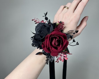 Black Burgundy Corsage Wedding Gothic Wrist Corsage Bridesmaids Black Corsage Mom Black Burgundy Accessories Artificial Flower