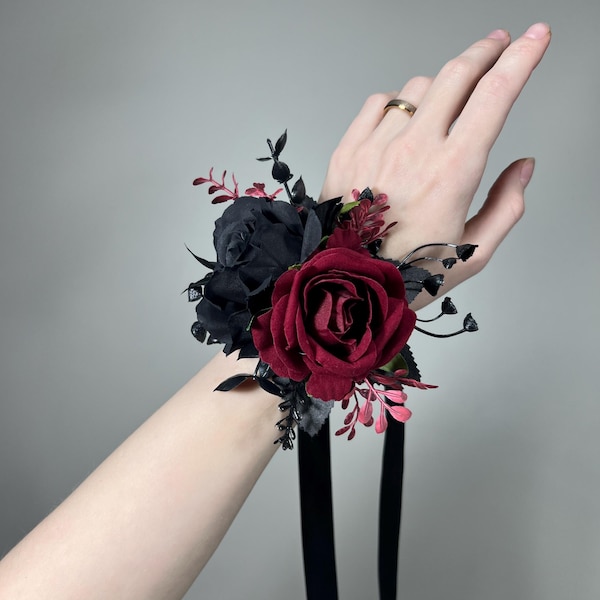 Corsage noir bordeaux, corsage gothique pour mariage, corsage de poignet pour demoiselles d'honneur, corsage noir pour maman, accessoires noir bordeaux, fleur artificielle Reddit