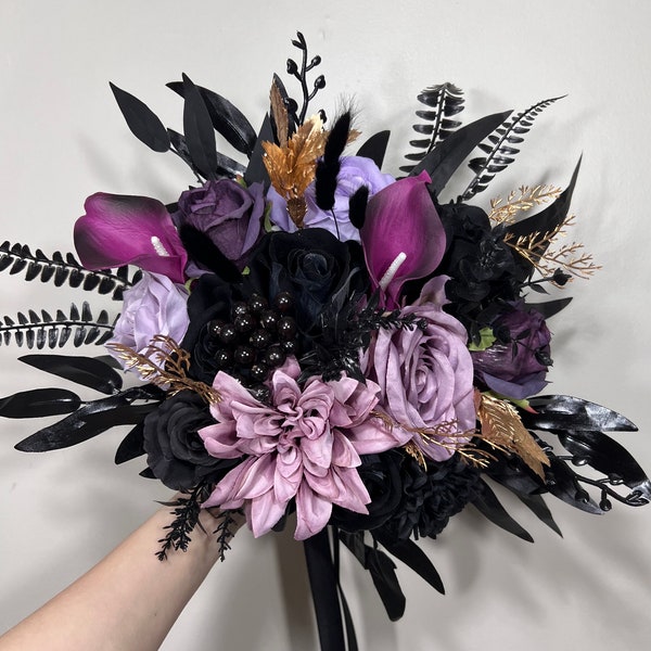 Wedding Bouquet Black Purple Bridal Gothic Bouquet Black Dark Purple Bridesmaids Bouquet Black Purple Calla Lily Gold Artificial Flower