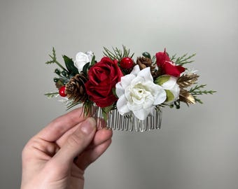 Blommahårkam Bröllop Vit Jul Huvudbonad Röd Vinterhårkam Brud Bröllopshåraccessoarer Hårkam Konstgjord Blomma