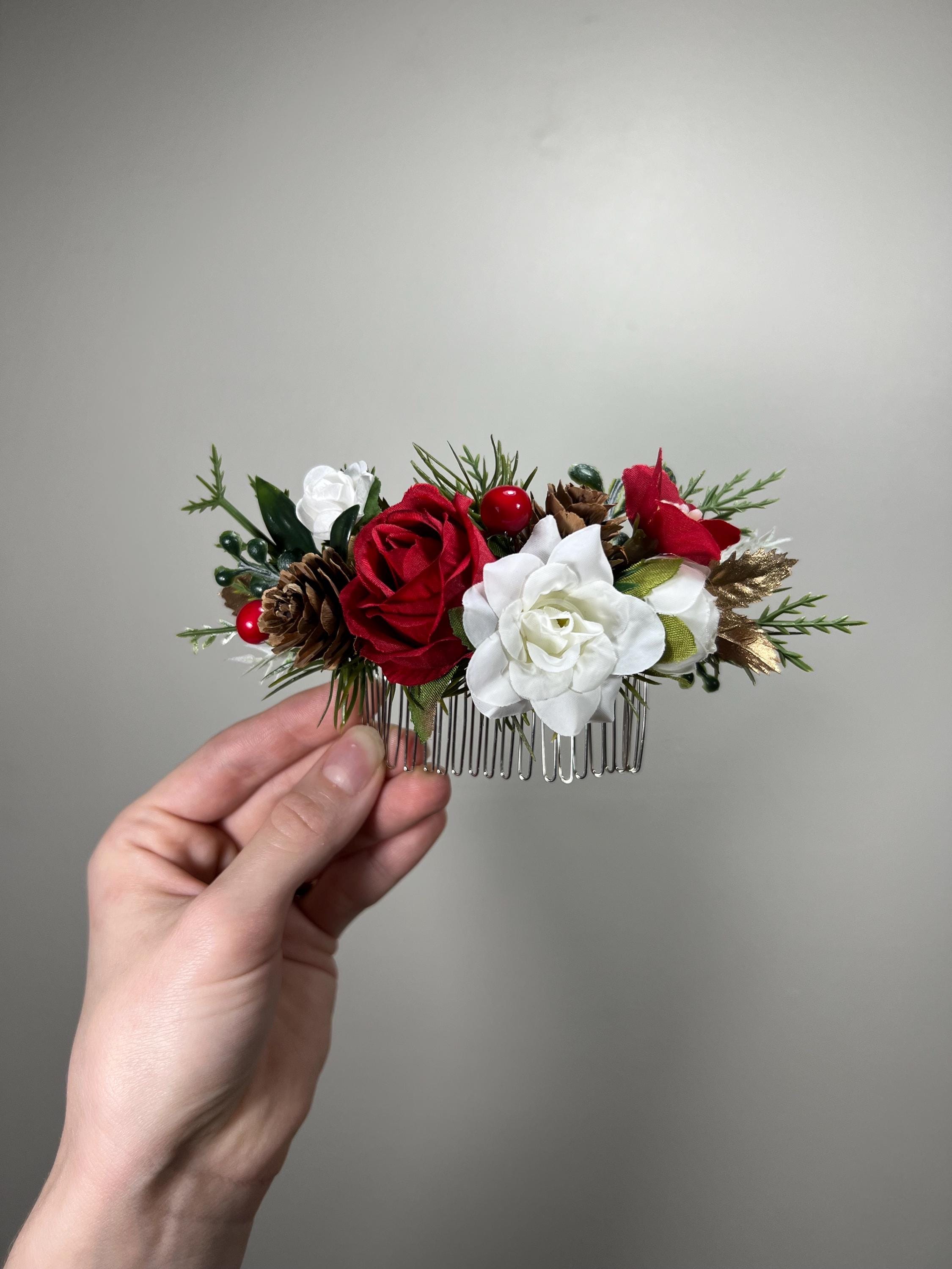 HANDMADE intricate Red and Green Floral Hair Comb Floral Hair Comb – Little Acre Flowers main image 3