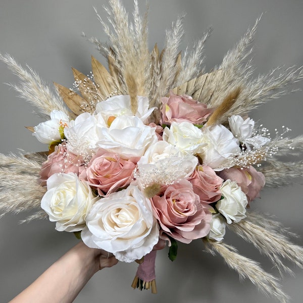 Wedding Dusty Rose Bouquet Boho Bridal White Dusty Rose Bouquet Pampas Grass Bridesmaids Bouquet Pink Palms Leaves Ivory Artificial Flower