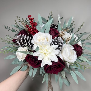 Christmas Bouquet Wedding Bridal Bouquet White Winter Burgundy Bridesmaids Bouquet Pine Cone Gold Christmas Bouquet