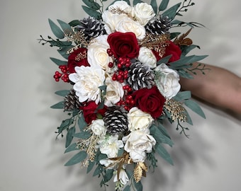 Wedding Cascade Christmas Bouquet Cascading White Winter Red Christmas Bridal Ivory Rustic Bridesmaids Bouquet Gold Christmas Tree Pine Cone