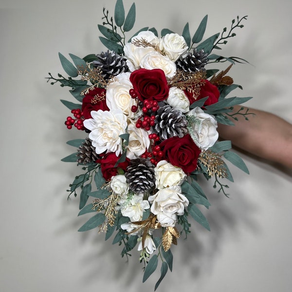 Wedding Cascade Christmas Bouquet Cascading White Winter Red Christmas Bridal Ivory Rustic Bridesmaids Bouquet Gold Christmas Tree Pine Cone