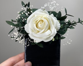 White Pocket Boutonniere Wedding Groom Boutonnière Ivory Square Groomsmen Pocket Boutonniere Baby Breath Eucalyptus Ivory Artificial Flowers
