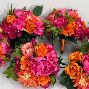 Fuchsia Orange Bouquet Brauthochzeit Hot Pink Gebranntes Orange Bouquet Brautjungfern Magenta Orange Tropischer Blumenstrauß Grün Kunstblume
