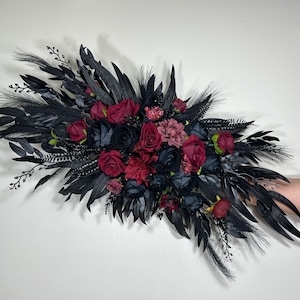 Wedding Arch Arrangement Black Burgundy Arch Aisle Arrangement Halloween Decor Gothic Black Artificial Flowers Eucalyptus Bunny Tails