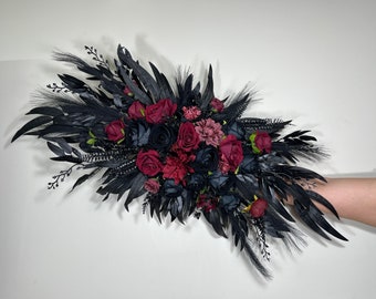 Wedding Arch Arrangement Black Burgundy Arch Aisle Arrangement Halloween Decor Gothic Black Artificial Flowers Eucalyptus Bunny Tails