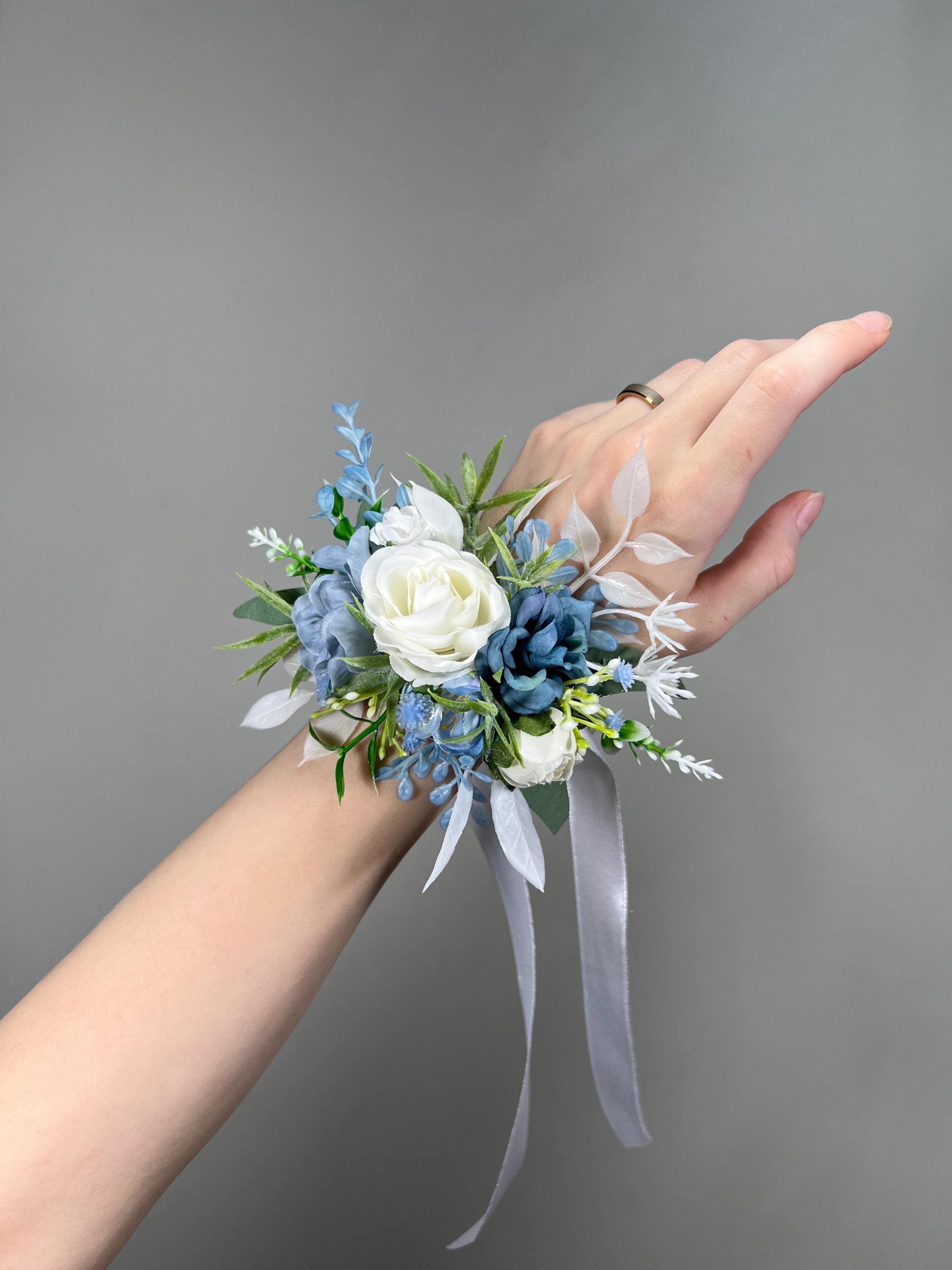 Set Di 2 Corpetti Da Polso Per Donna E Uomo – Rosa E Blu Scuro Con Perle E Pizzo – Accessori Per Matrimonio E Festa