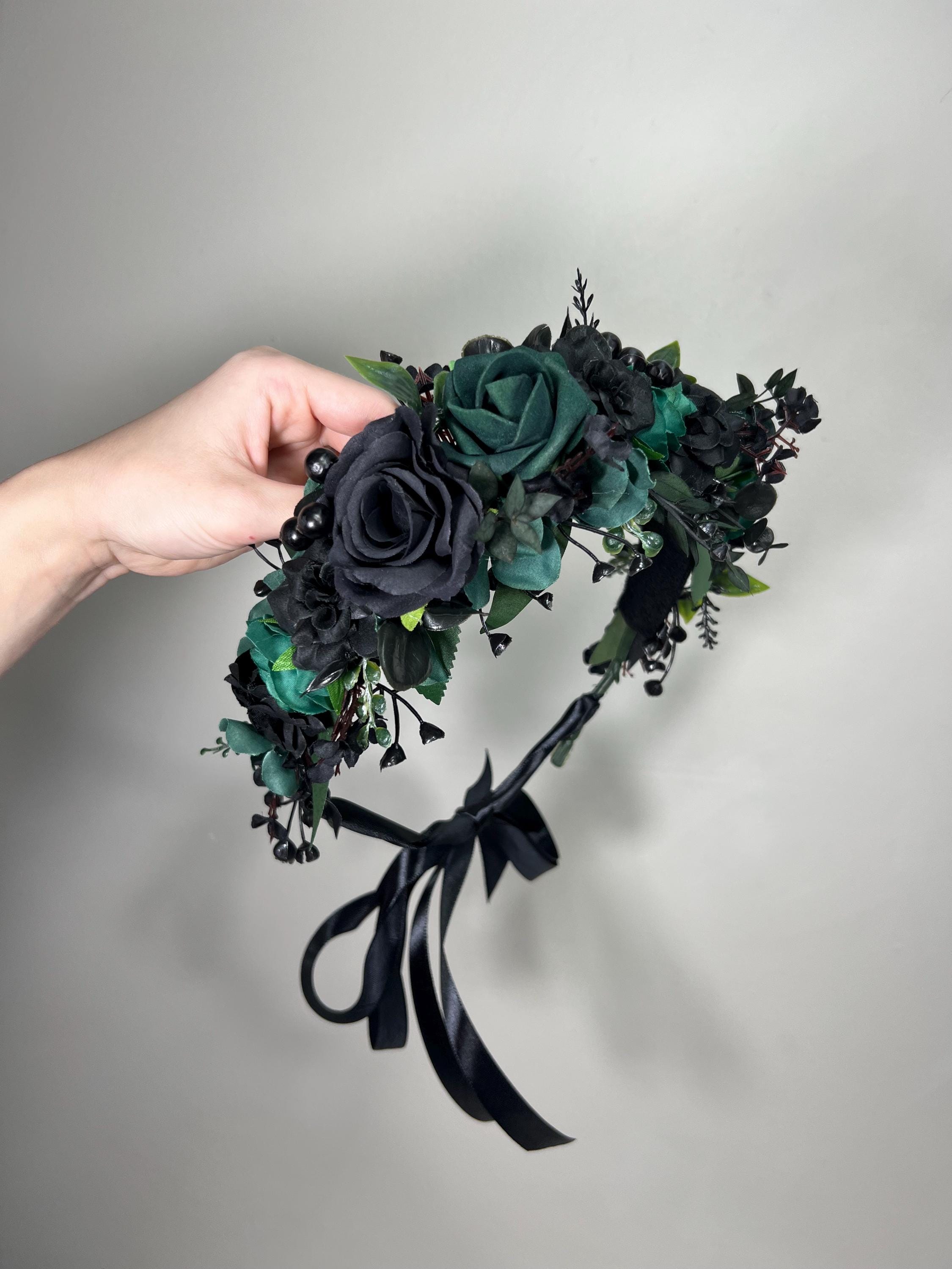 Black Dark Green Flower Crown Wedding Emerald Green Floral  display picture 2