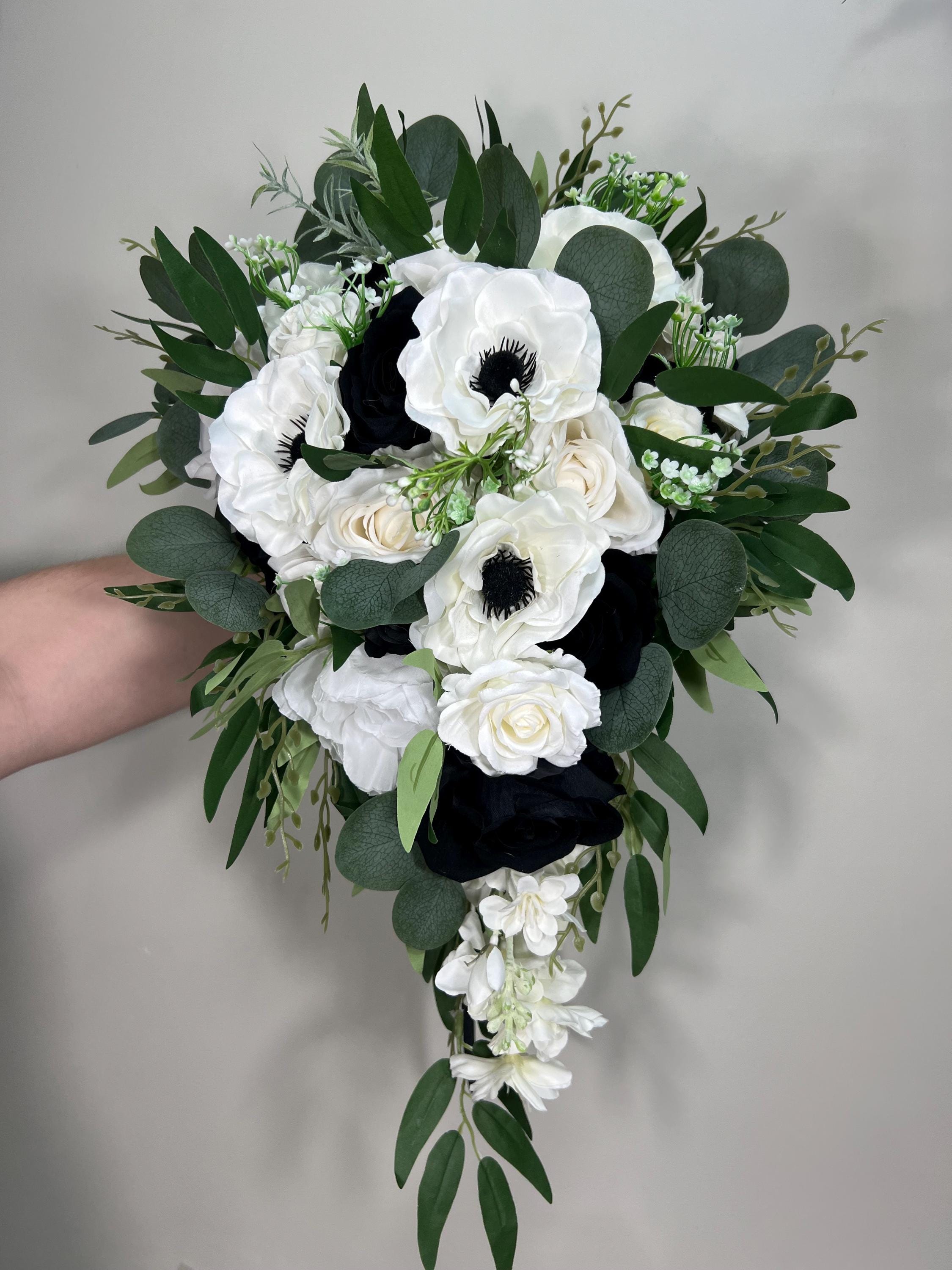 White Black Bouquet Wedding Cascade Anemone Bouquet White