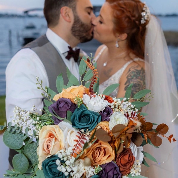 Wedding Dark Teal Bouquet Rust Orange Bridal Purple Bridesmaids Bouquet Terracotta Dark Purple Artificial Flowers Dark Teal White