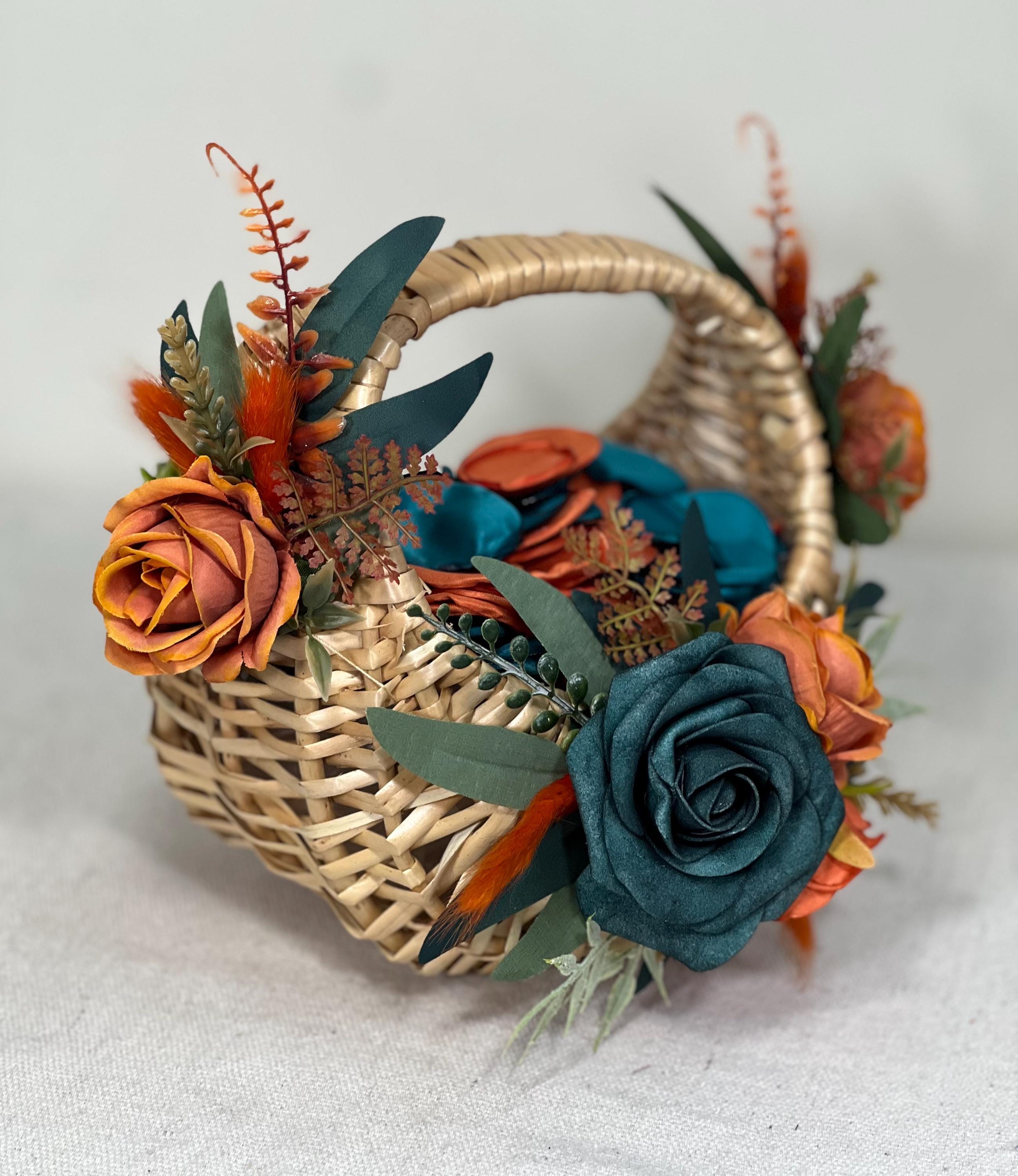 Flower Girl Basket Wedding Dark Teal Orange Burnt Fall Ceremony