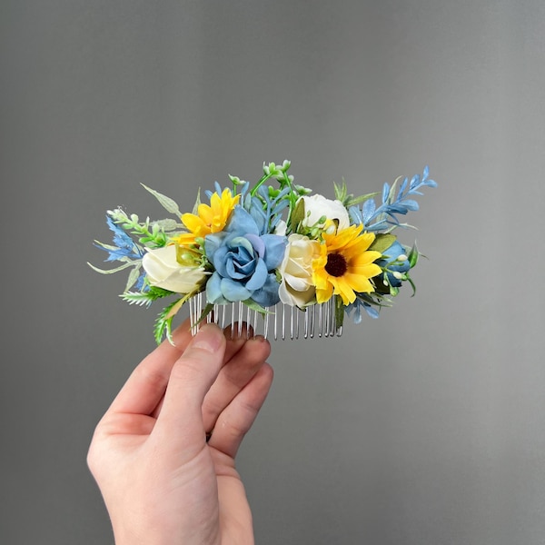 Sunflower Comb Floral Dusty Blue Wedding Head Piece Hair Comb Sunflower Bridal Blue Hair Clip Accessories Blue Hair Comb Artificial Flower