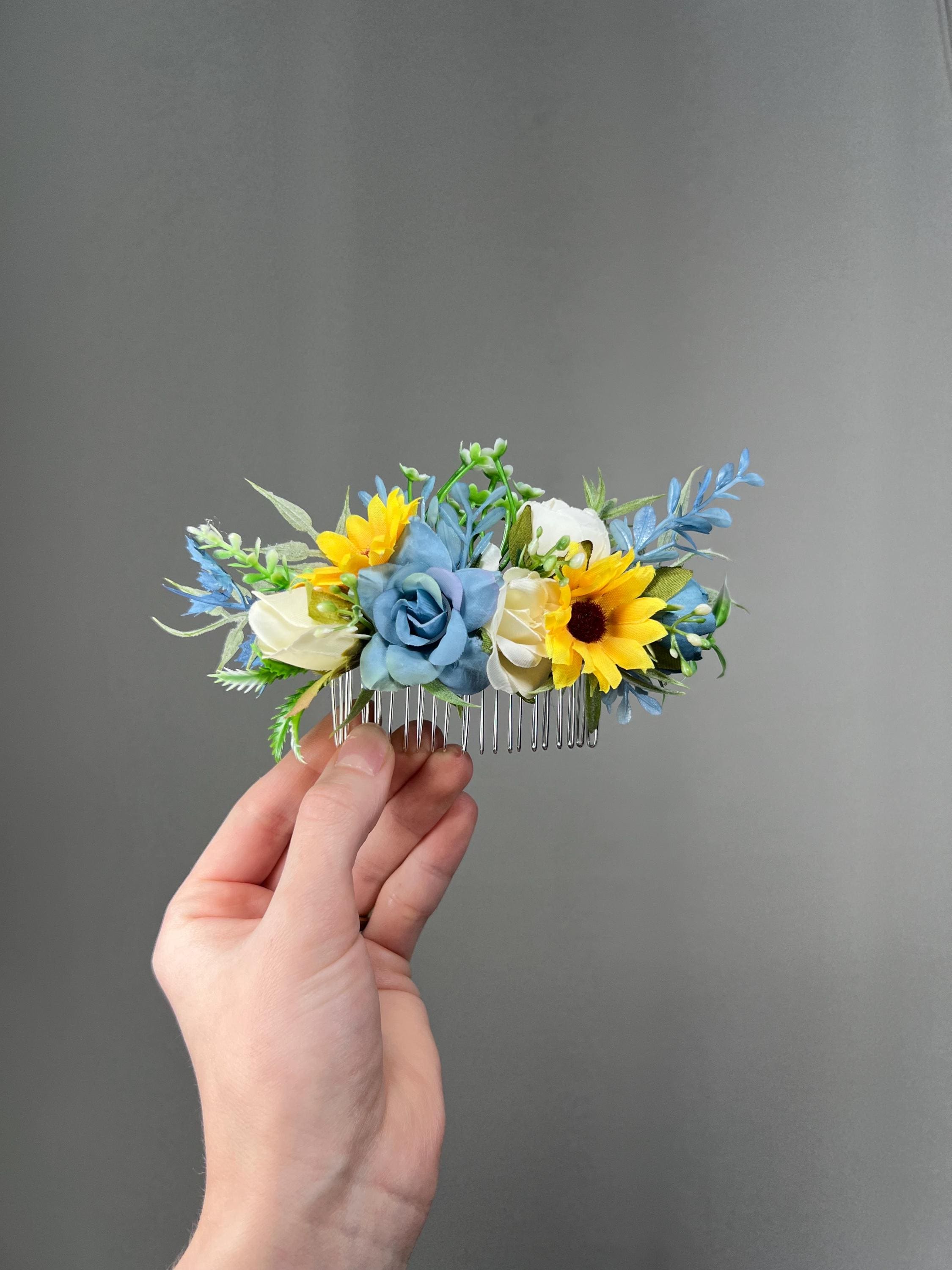 Borrowed & Blue NEW Bridal Formal Hair Comb Clip Decoration Ivory Gold Flowers Swarovski Crystals Pearl Light Blue flower Hair Comb main image 4