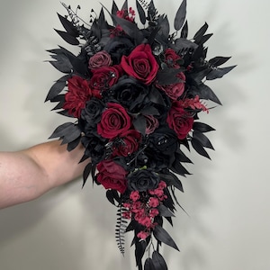 Wedding Cascade Black Bouquet Burgundy Gothic Bridal Halloween Cascading Bouquet Black Decor Burgundy Artificial Flower Bridesmaids Black