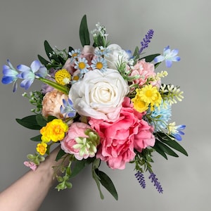 Colorful Bouquet Wedding Summer Bridal Bouquet Pink Blue Bouquet Bridesmaids Wildflowers Bouquet Jewel Tone White Purple Blue Yellow
