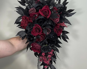 Wedding Cascade Black Bouquet Burgundy Gothic Bridal Halloween Cascading Bouquet Black Decor Burgundy Artificial Flower Bridesmaids Black